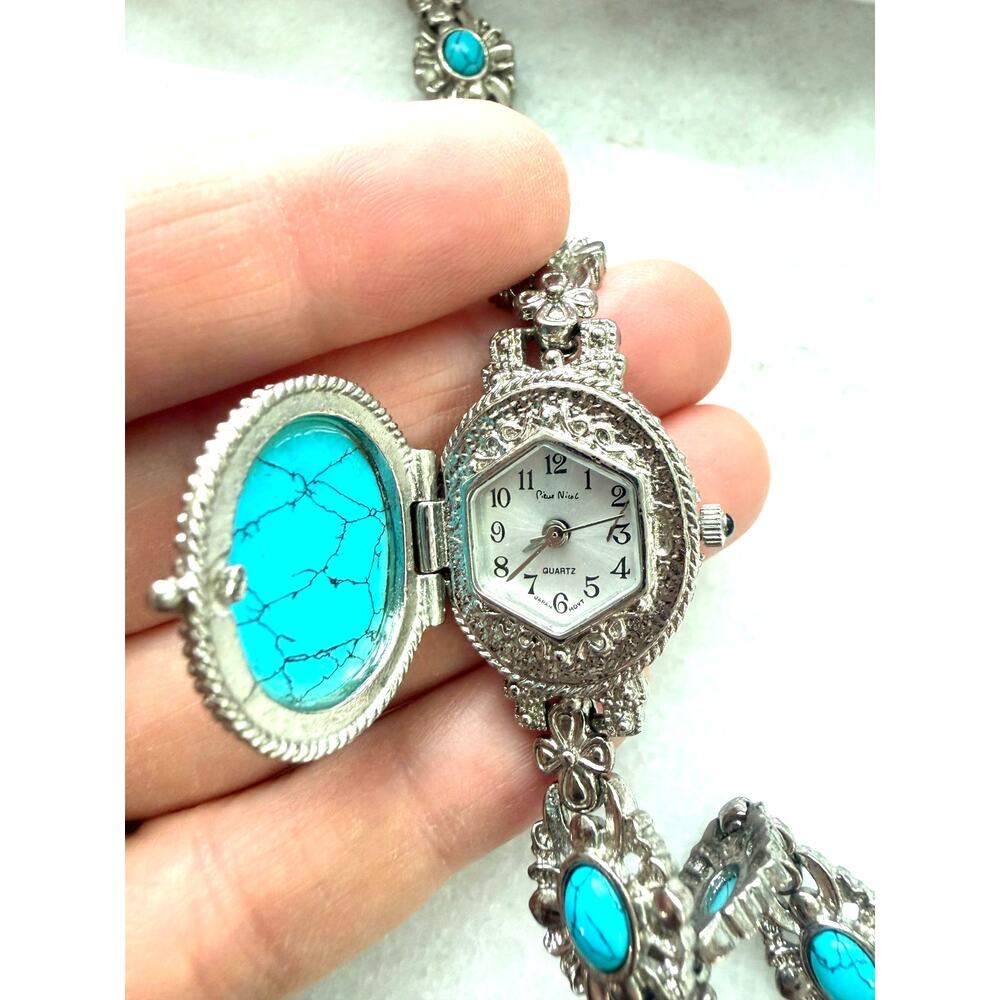 Vintage Pieve Nicol Turquoise Locket Watch Japan Movt Broken Dial Repair Parts